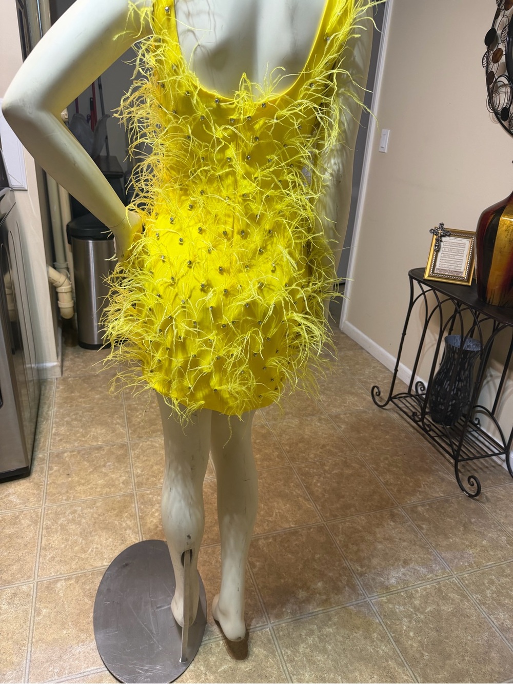 AKIRA Yellow Feathered V-Neck Mini Dress - Picture 2 of 3